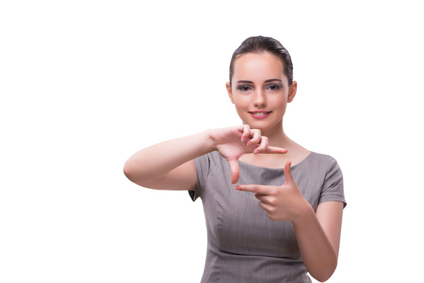 Jeune femme d'affaires tenant la main en forme de cadre
 - Photo, image