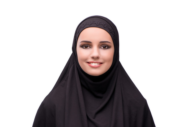 Muslim woman in black dress isolated on white - Фото, изображение