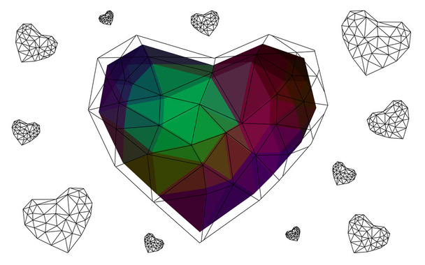 Dark Multicolor heart isolated on white background with pattern consisting of triangles. - Wektor, obraz