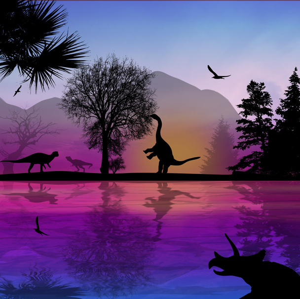 Dinozaury sylwetki w piękny krajobraz  - Wektor, obraz