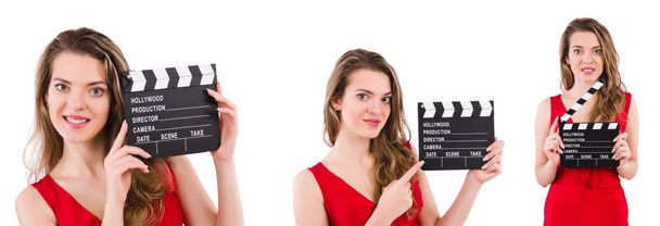Mulher segurando filme clapperboard isolado no branco - Foto, Imagem