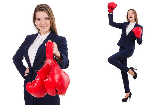 Geschäftsfrau mit Boxhandschuhen auf weiß - Foto, Bild