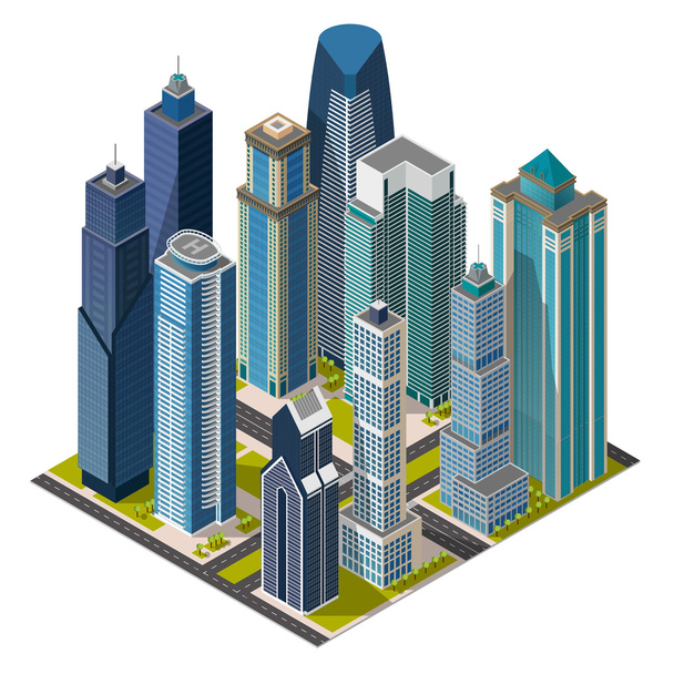 Ізометричне місто, концепція мегаполісу офісні будівлі, хмарочос, вулиця, пам'ятки. Векторний 3d вид зверху
 - Вектор, зображення