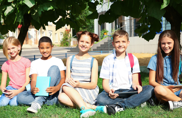 Écoliers assis sur l'herbe dans la cour d'école
 - Photo, image