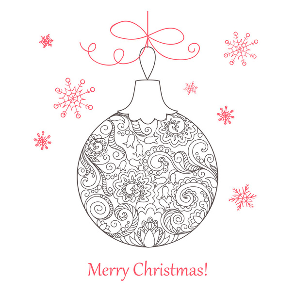 Christmas card with hand drawn decorated ball - Vector, Image