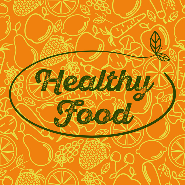 Comida saludable - cartel motivacional o pancarta sobre fondo de patrón sin costura naranja con iconos lineales de moda y signos de frutas y verduras - ilustración vectorial
 - Vector, Imagen