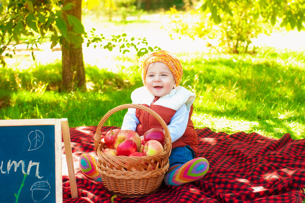 Petit garçon avec pomme en automne
  - Photo, image