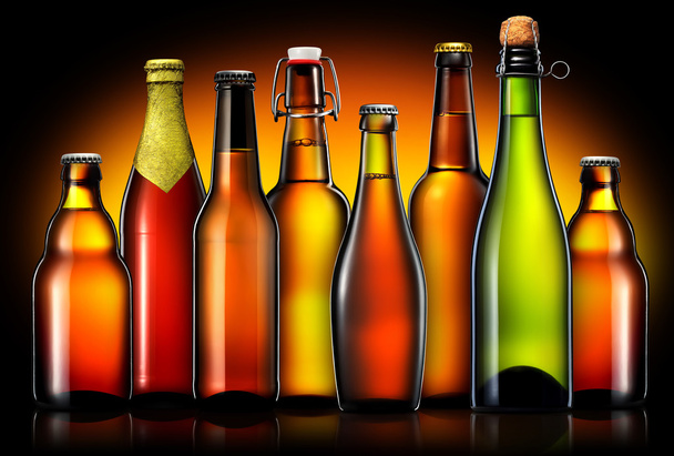 Set of beer bottles isolated on black background - Foto, Bild