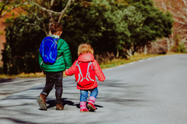 дети ходят в школу - брат и сестра с рюкзаками ходить по дороге
 - Фото, изображение