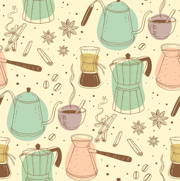 Seamless pattern with coffee dishes, coffee beans, cinnamon and star anise - Vektor, kép