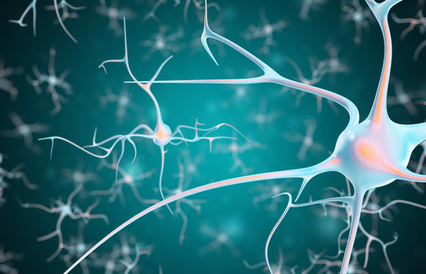 Neurons in the brain with focus effect. 3d rendering - Photo, Image