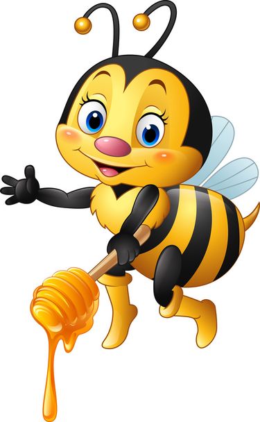 Cartoon abeille tenant miel trempette
 - Vecteur, image