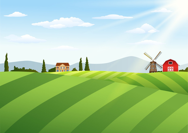 納屋と風車の農場風景 - ベクター画像