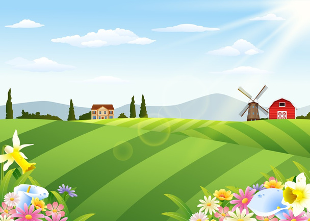 Bauernlandschaft mit Scheune und Windmühle - Vektor, Bild
