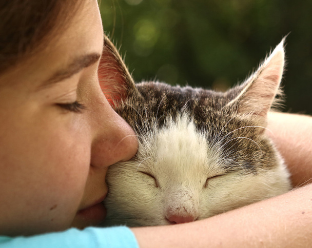 adolescente menina abraço gato close up retrato
 - Foto, Imagem