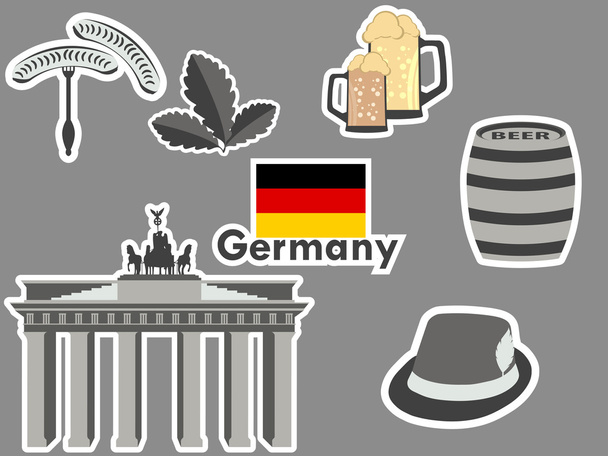 Γερμανική αυτοκόλλητα, Γερμανία σύμβολα, την πύλη του Βρανδεμβούργου, μπύρα, δρύινα φύλλα, λουκάνικα Βαυαρίας. Μπαλώματα στοιχεία Γερμανίας. Εικονογράφηση διάνυσμα. - Διάνυσμα, εικόνα