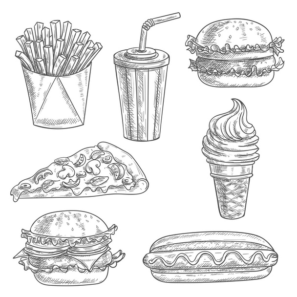 Fast food snacks and drinks sketch icons - Vektor, kép