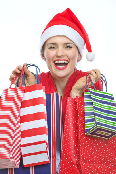 Szczęśliwa kobieta w Boże Narodzenie kapelusz z torby na zakupy - Zdjęcie, obraz