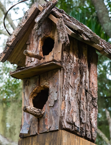 Verwittertes Vogelhaus von Eichhörnchen und Spechten verwüstet - Foto, Bild