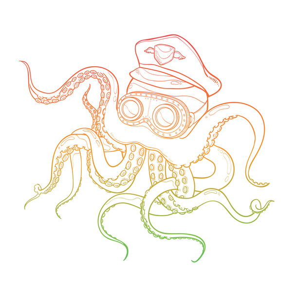 Octopus kapitein hoed en bril dragen - Vector, afbeelding