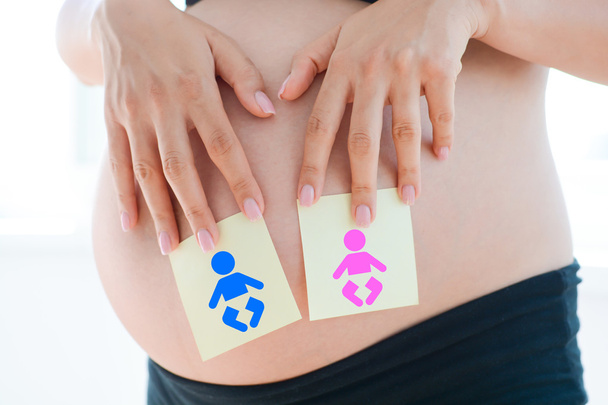 男の子と女の子のピクトグラムを妊娠中の女性 - 写真・画像