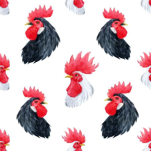 Watercolor cock rooster pattern - Wektor, obraz