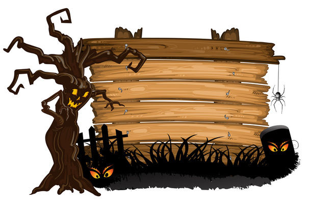 Halloween Boom met begraafplaats over houtstructuur - Vector, afbeelding