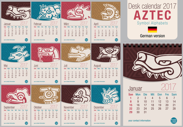 Desk kolmio kalenteri 2017 malli Aztec symbolit suunnittelu. Koko: 150 mm x 210mm. Muoto A5 pystysuora. Vektorikuvaa. Saksankielinen
 - Vektori, kuva