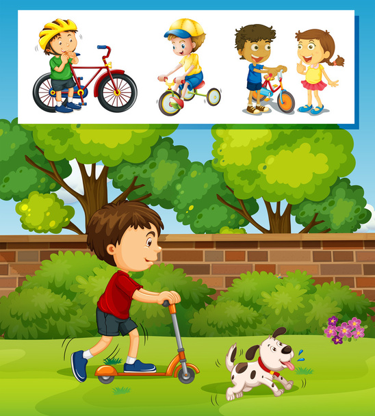 Boy playing scooter in the park - Vector, Image