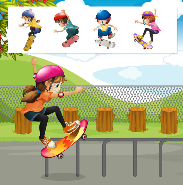 Kids playing skateboards in park - Vector, Image