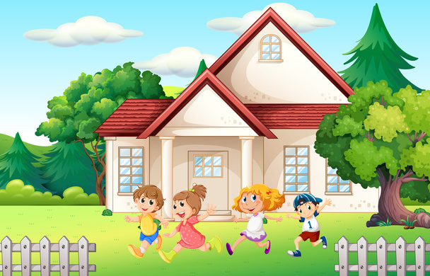 Boys and girl running in the backyard - Vector, Image