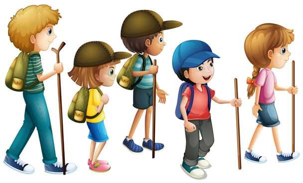 Boys and girls with hiking outfit - Vector, Image
