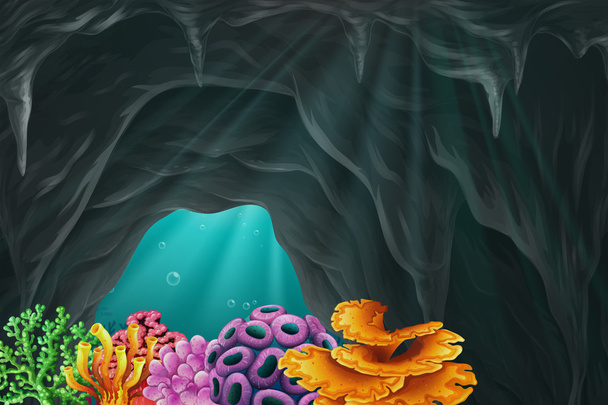 Κοραλλιογενής ύφαλος στην υποβρύχια σπηλιά - Διάνυσμα, εικόνα