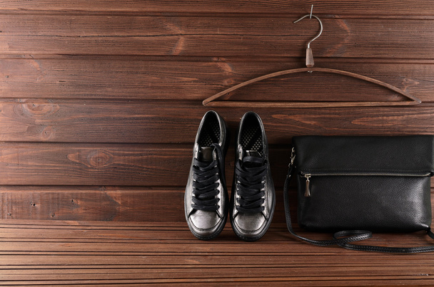 Leather upper metallic trendy womens shoes and black leather bag - Fotó, kép