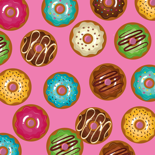 sırlı set donuts tatlı pembe bir arka plan grafiği ile - Vektör, Görsel