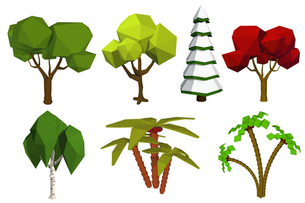 Low poly trees. Vector set of trees in the style of low poli. Bi - ベクター画像