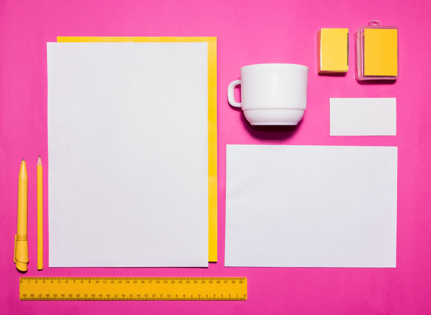 Mock-up business template with cards, papers, pen. Pink background. - 写真・画像