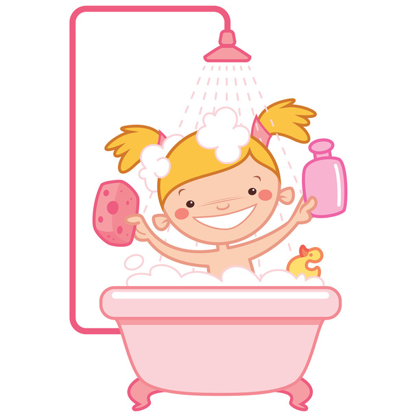 Happy cartoon baby girl kid in pink bath tub - Vector, imagen