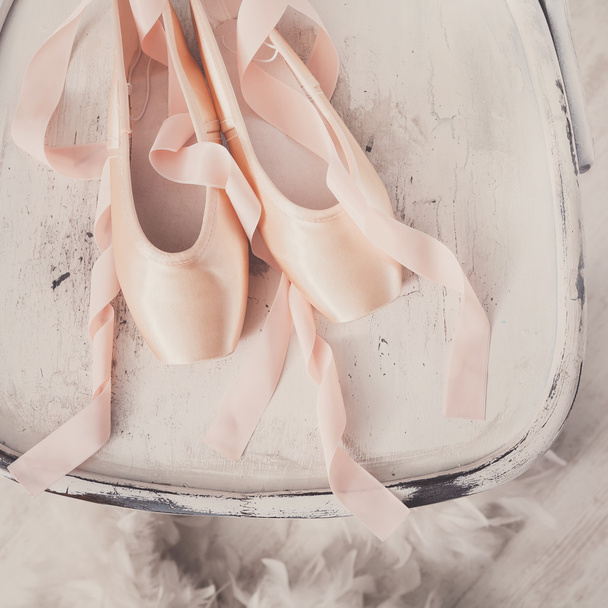 Pink ballet pointe shoes and feather on white wood background - Photo, Image