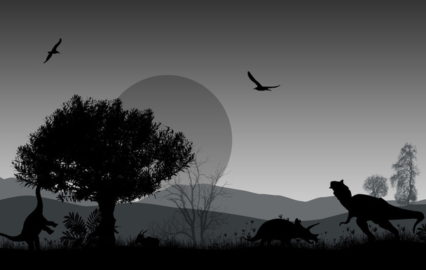 Dinosaurs silhouettes in beautiful landscape - Vector, Image