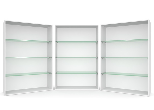 Lege vitrine met glasplanken op witte geïsoleerde achtergrond - Foto, afbeelding