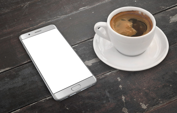 Chytrý telefon na dřevěný stůl s izolované bílá obrazovka - Fotografie, Obrázek