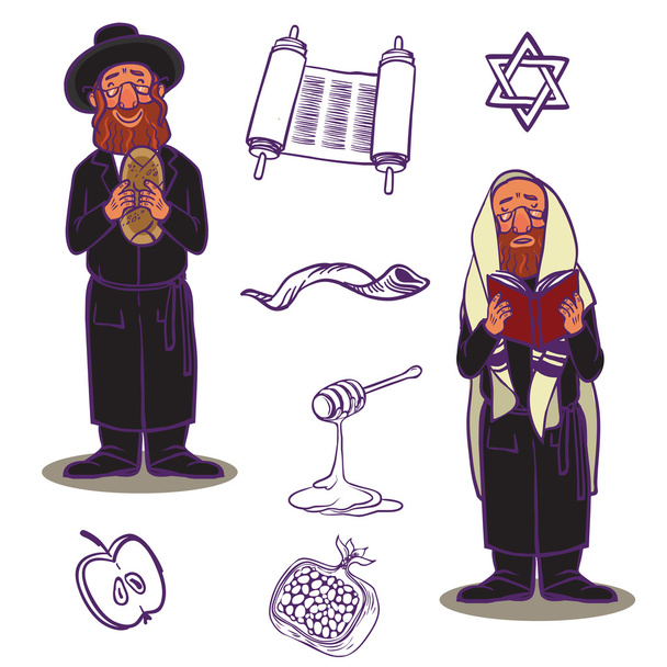 Judaísmo iglesia símbolos tradicionales iconos conjunto y símbolos judíos
  - Vector, Imagen