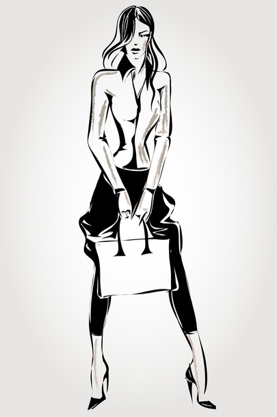 Černá a bílá retro modelka žena. Ručně kreslenou vektorové - Vektor, obrázek