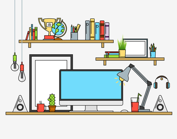 Line flat design mock up of modern workspace. Vector illustrations  posters, lamp, pencils, globe, winner cup, banners, speakers, cactus, coffee, tee, journals. Isolated pictograms and icons - Vektör, Görsel