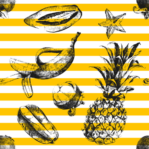 Hand drawn tropical fruits seamless pattern - Vector, afbeelding