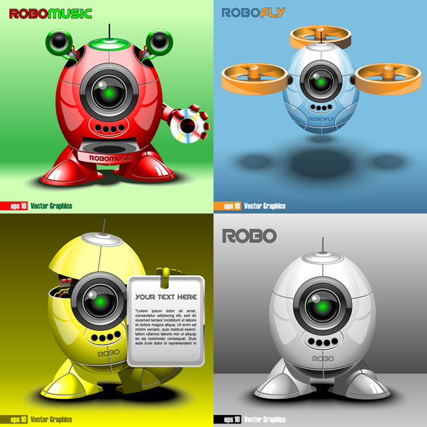 Набор цифровых векторных роботов, музыка, муха, красный, синий
 - Вектор,изображение
