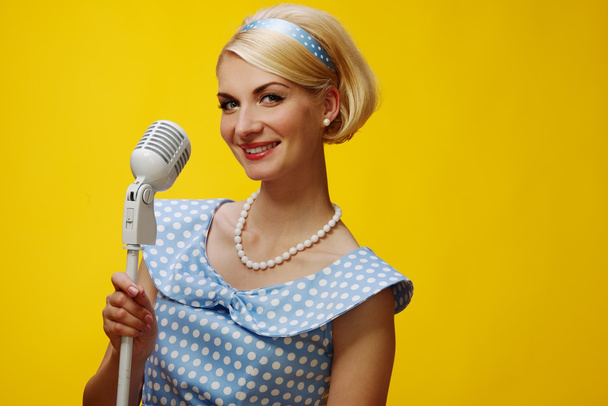 Woman singer in blue dress - Photo, Image