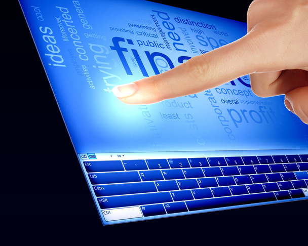 Finger touching a blue computer screen - Photo, Image
