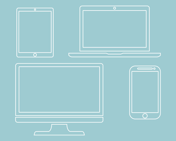 Set van display, laptop, Tablet en mobiele telefoons elektronische apparaat overzicht pictogrammen sjabloon geïsoleerd op groene achtergrond, vector illustratie - Vector, afbeelding